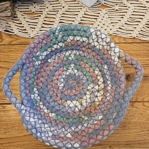 Handwoven Multicolor Round Braided Tray with Handles Vintage